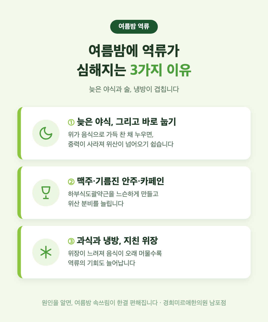 여름밤 역류성 식도염이 심해지는 3가지 이유 — 야식과 눕는 습관·맥주와 기름진 안주·과식과 냉방 (부산 경희미르애한의원)