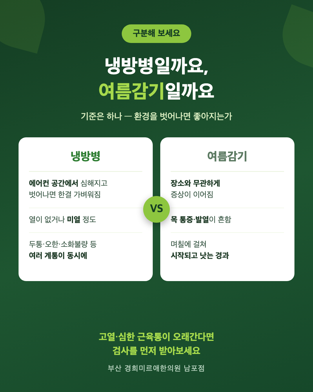 냉방병과 여름감기 구분법 비교
