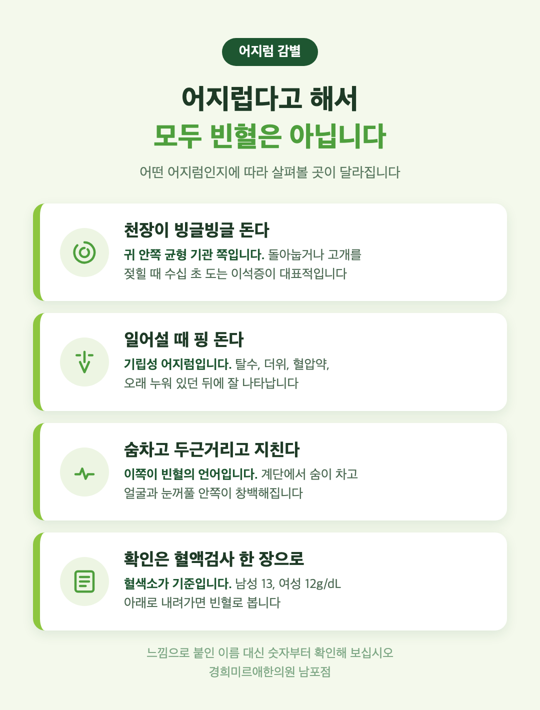 어지럼 감별 - 도는 어지럼은 귀 안쪽 균형 기관, 일어설 때 핑 도는 어지럼은 기립성, 숨차고 두근거리는 증상이 빈혈의 신호 - 경희미르애한의원 남포점