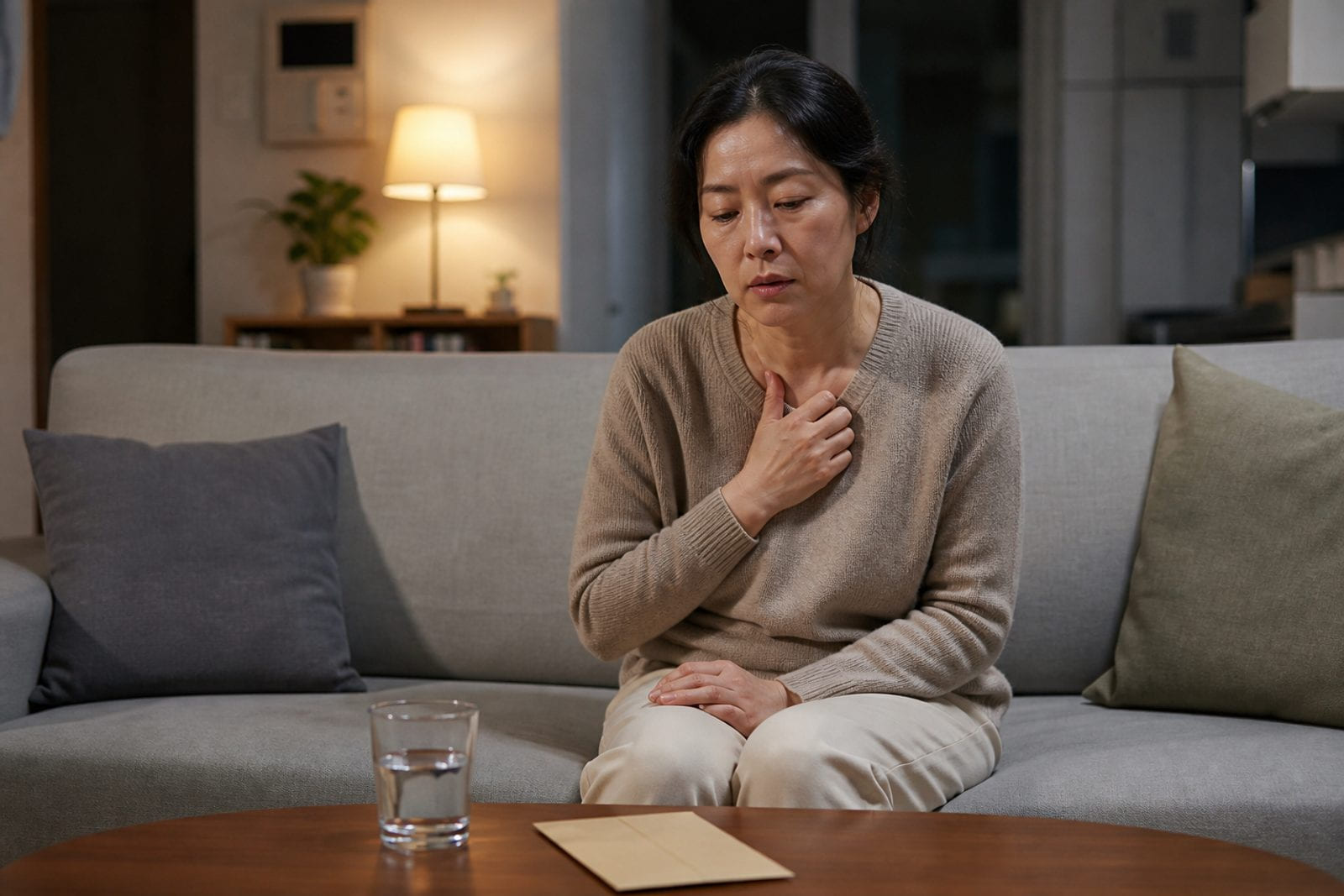 저녁 거실 소파에서 가슴에 손을 얹고 불편해하는 40대 여성 — 부산 경희미르애한의원 자율신경 이야기