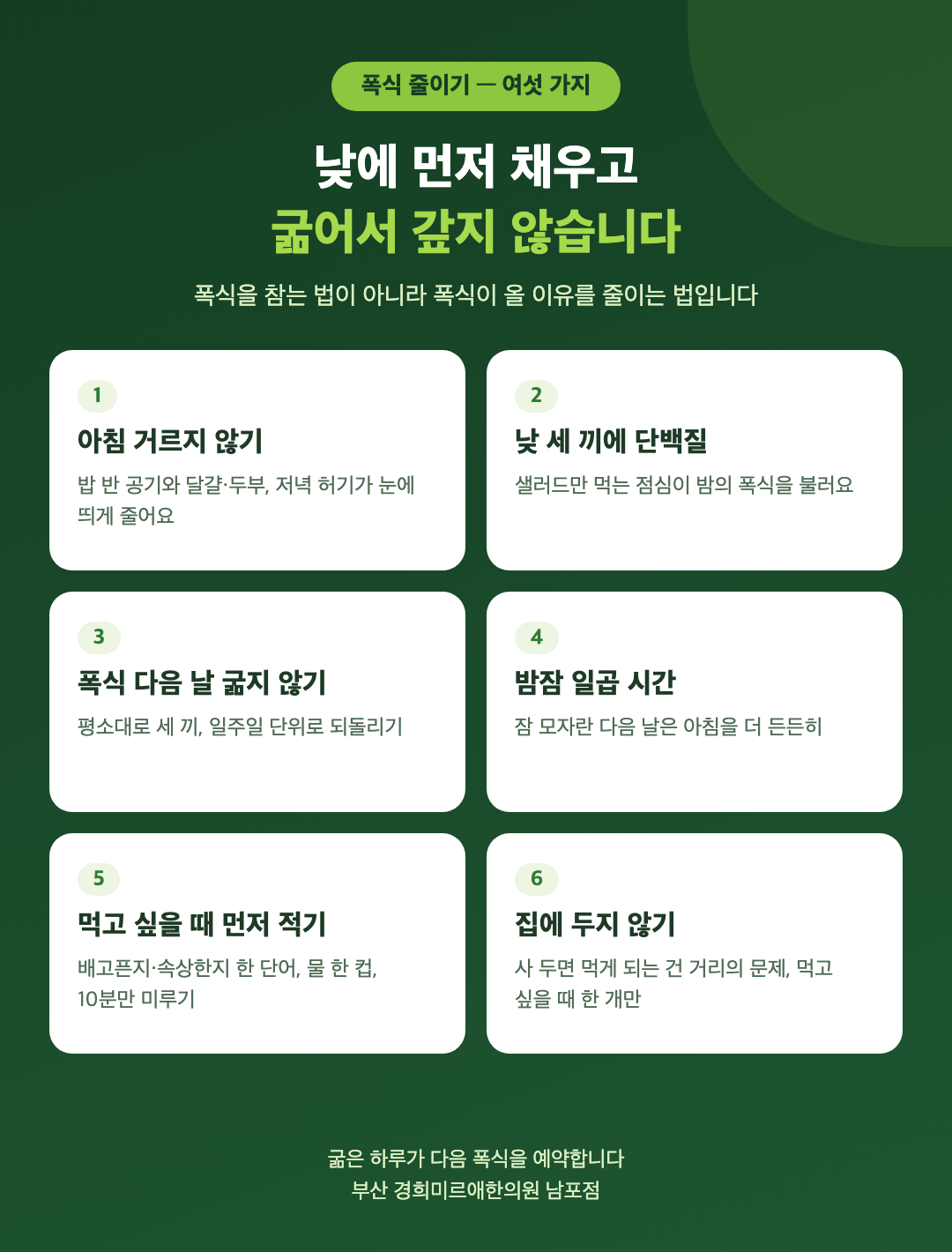 폭식을 줄이는 생활 여섯 가지 - 아침 거르지 않기, 낮 세 끼에 단백질, 폭식 다음 날 굶지 않기, 밤잠 일곱 시간, 먹고 싶을 때 먼저 적기, 집에 두지 않기 - 경희미르애한의원 남포점