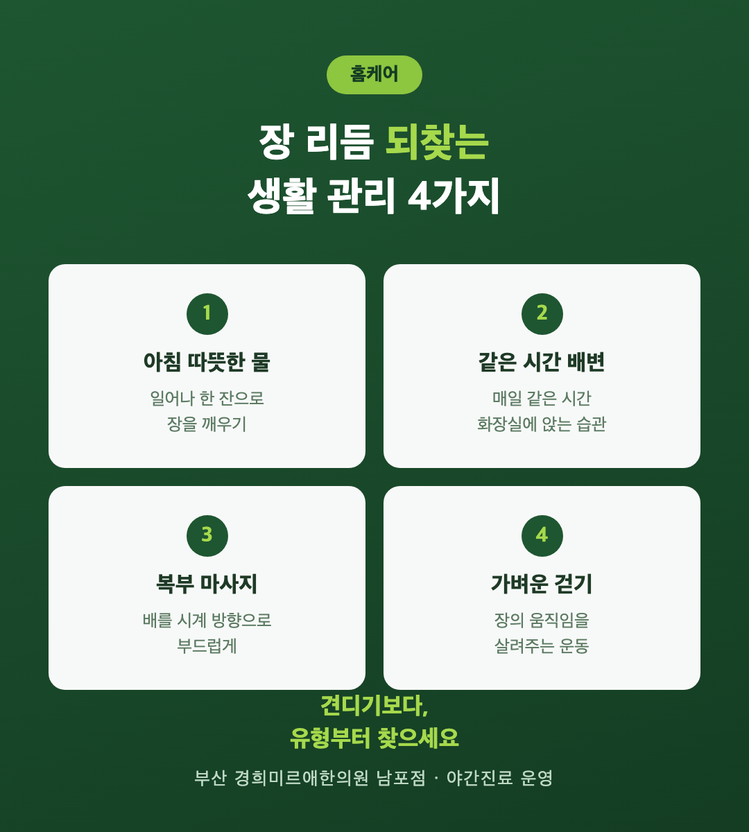 변비 홈케어 4가지 — 아침 따뜻한 물·규칙적 배변 습관·복부 마사지·걷기 운동 (부산 경희미르애한의원)
