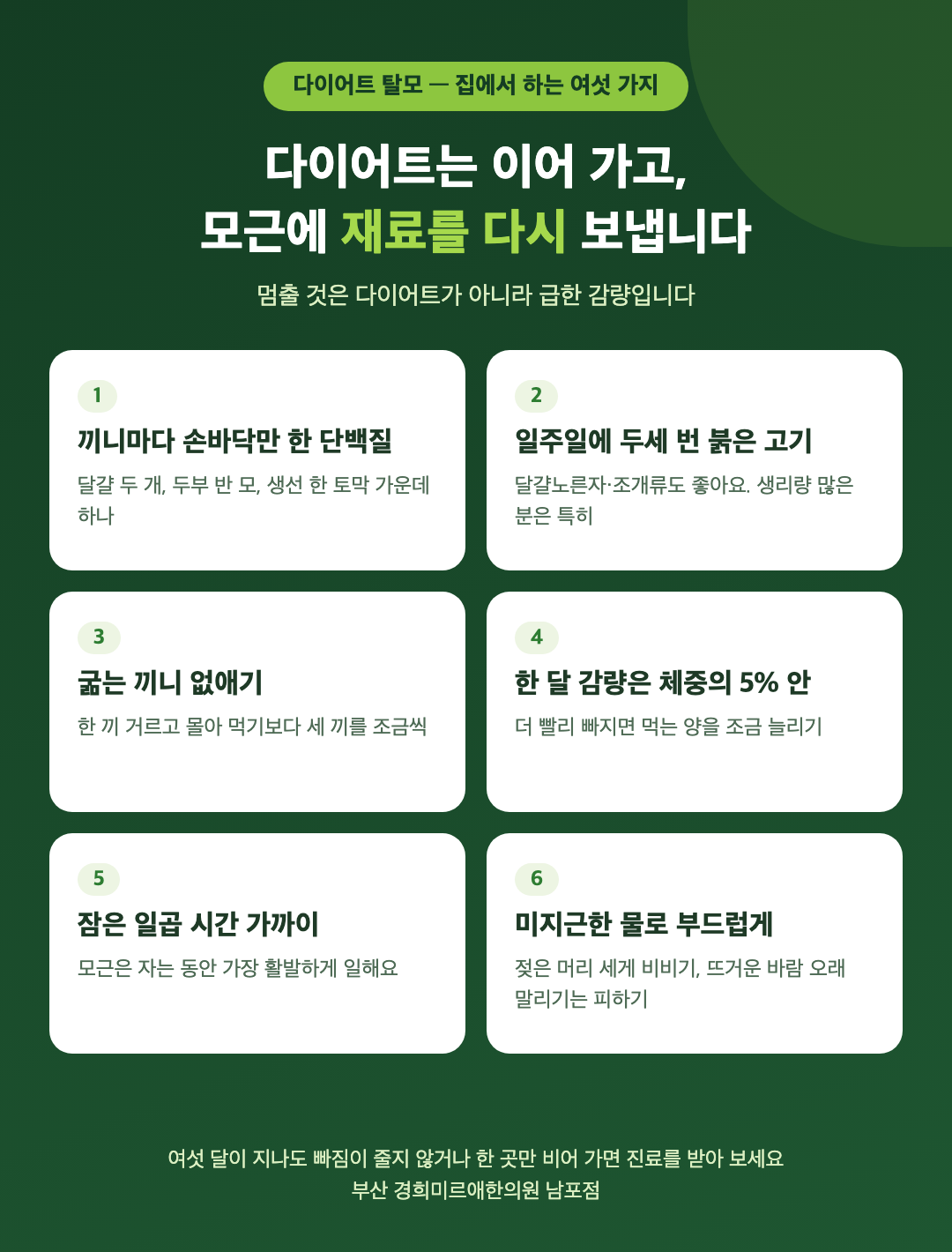 다이어트 탈모 때 집에서 하는 여섯 가지 - 끼니마다 손바닥만 한 단백질, 일주일에 두세 번 붉은 고기와 달걀, 굶는 끼니 없애기, 한 달 감량은 체중의 5% 안, 잠은 일곱 시간, 머리는 미지근한 물로 부드럽게 - 경희미르애한의원 남포점