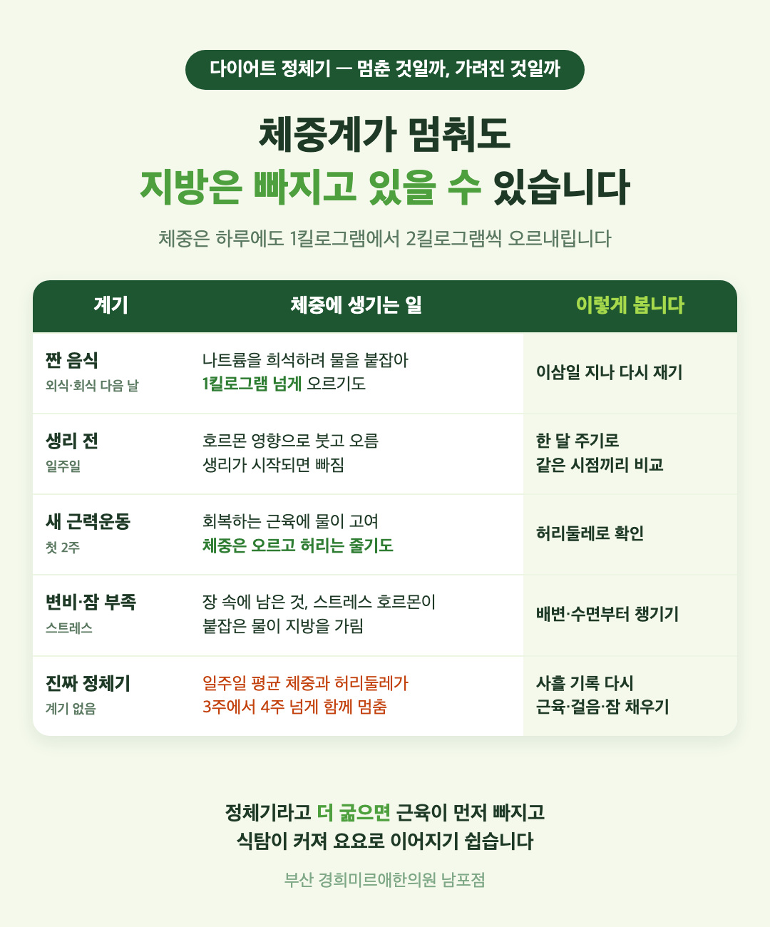 다이어트 정체기 구분 표 - 물에 가려진 감량과 진짜 정체기의 체중·허리둘레·기간·흔한 계기와 먼저 할 것 - 경희미르애한의원 남포점