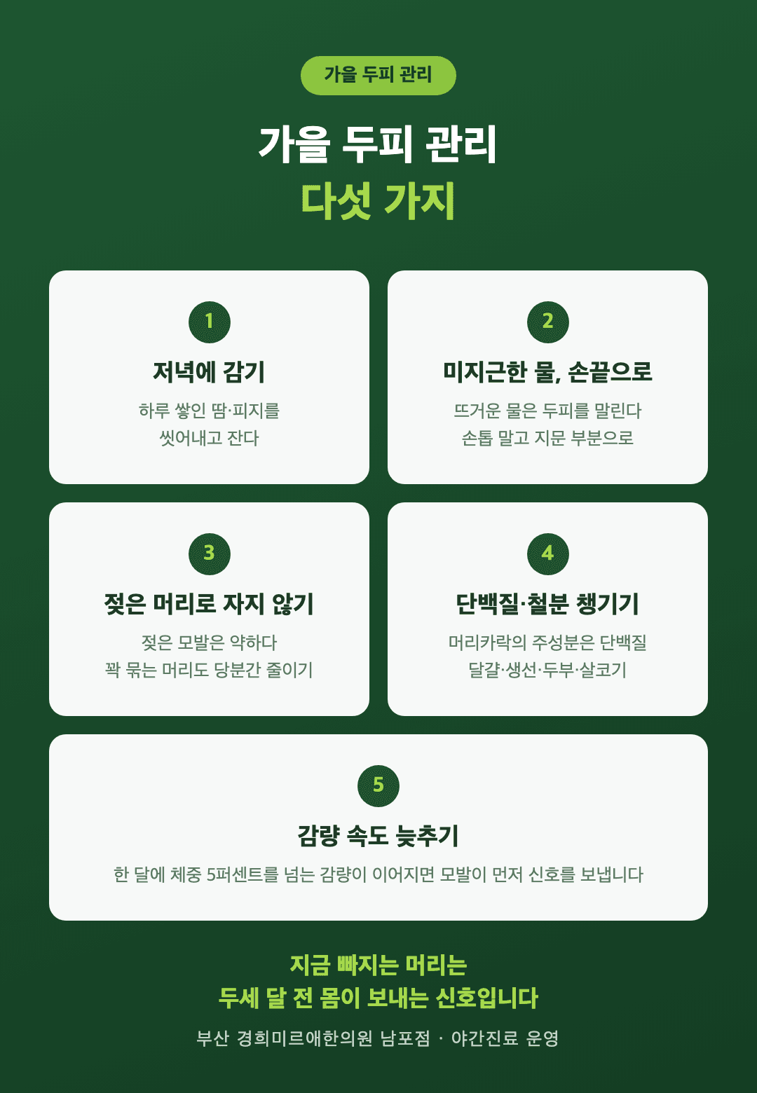 가을 두피 관리 5가지 - 저녁 샴푸, 미지근한 물, 젖은 머리 말리고 자기, 단백질과 철분, 감량 속도 조절