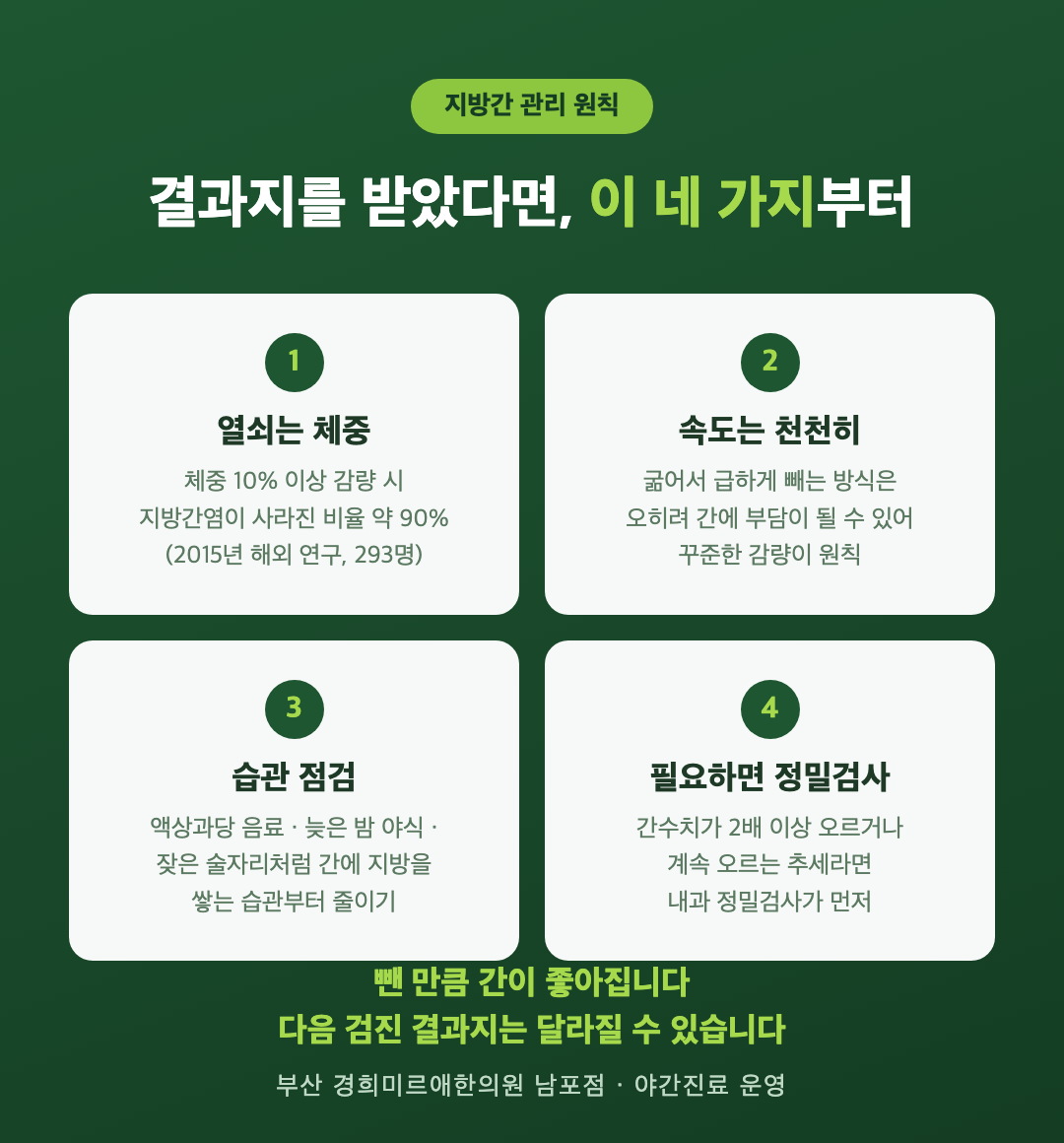 지방간 관리 원칙 4가지 — 체중 10% 감량 근거, 천천히 감량, 식습관 점검, 필요 시 내과 정밀검사 (부산 경희미르애한의원)