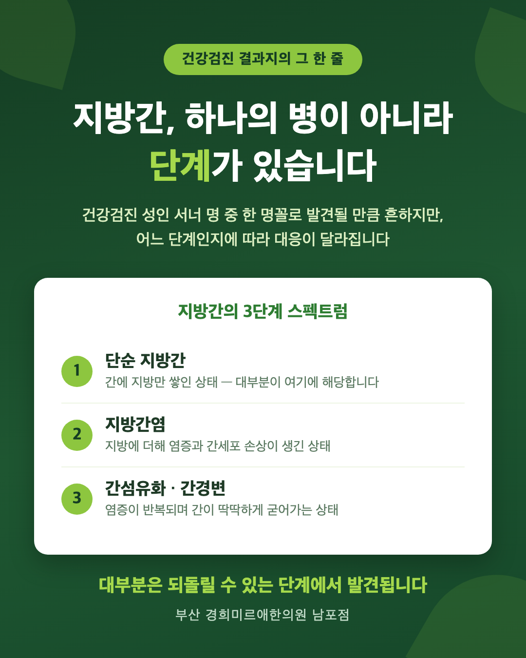 지방간 3단계 스펙트럼 — 단순 지방간, 지방간염, 간섬유화·간경변으로 진행하는 단계 정리 (부산 경희미르애한의원)