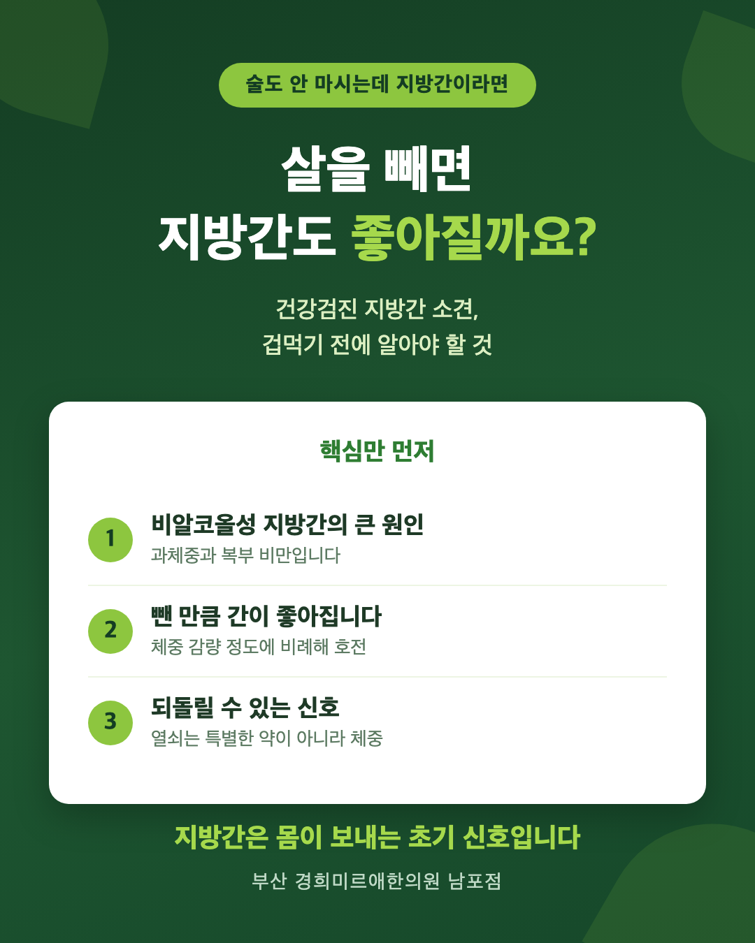 살을 빼면 지방간도 좋아질까 — 비알코올성 지방간의 원인은 과체중, 뺀 만큼 간이 좋아진다는 핵심 정리 (부산 경희미르애한의원)