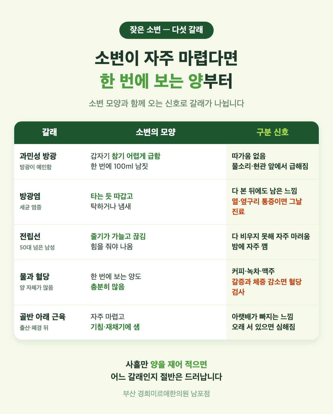 소변이 잦은 원인 다섯 가지 표 - 과민성 방광, 방광염, 전립선, 물과 혈당, 골반 아래 근육의 약화의 소변 모양과 구분 신호 - 경희미르애한의원 남포점
