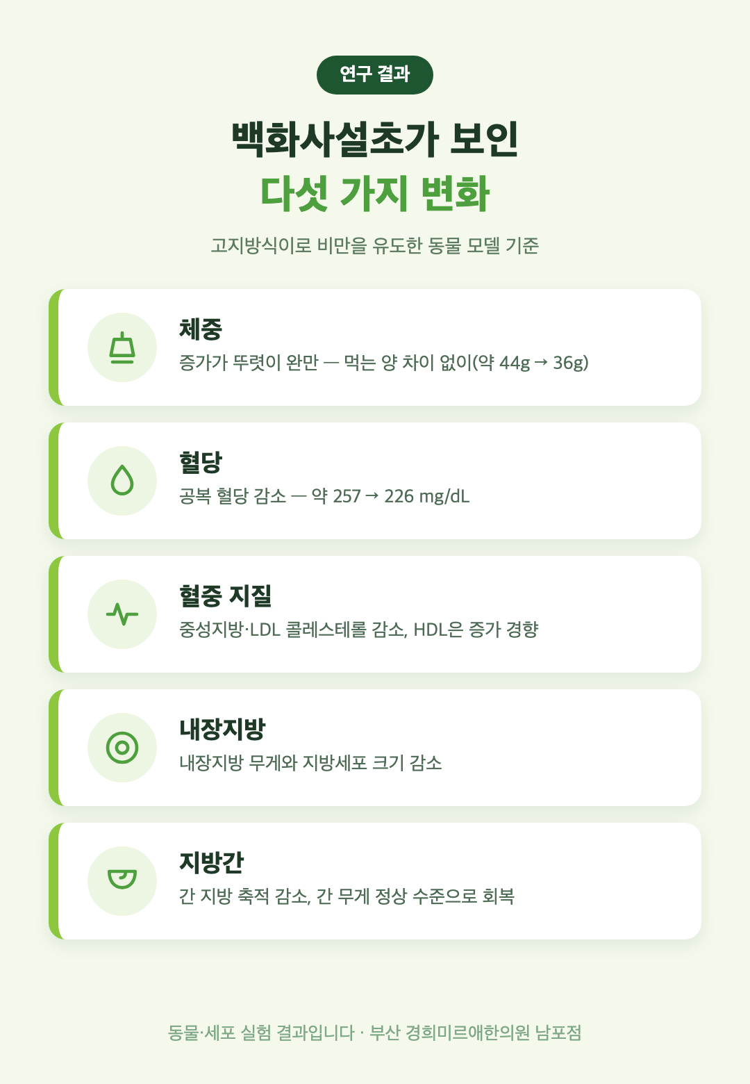 백화사설초가 비만 동물 모델에서 보인 다섯 가지 변화 요약 — 체중·혈당·혈중지질·내장지방·지방간