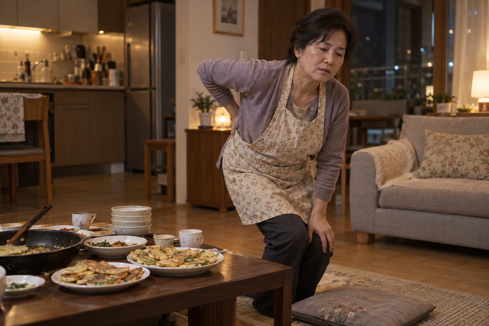명절 음식 준비 뒤 허리가 펴지지 않고 무릎이 시큰하다면 — 명절 뒤 통증, 바닥에 앉고 쪼그려 앉은 자세가 남긴 것부터 나눠 봅니다