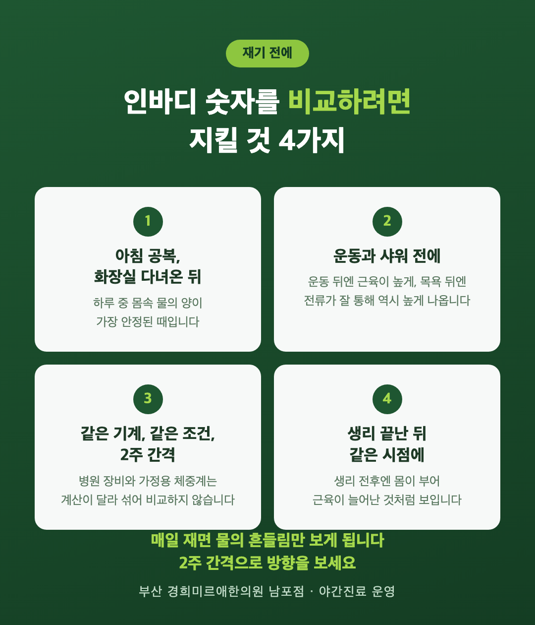 인바디 측정 조건 인포그래픽 - 아침 공복, 맨발, 주 1회 같은 요일, 병원 장비와 섞어 비교하지 않기