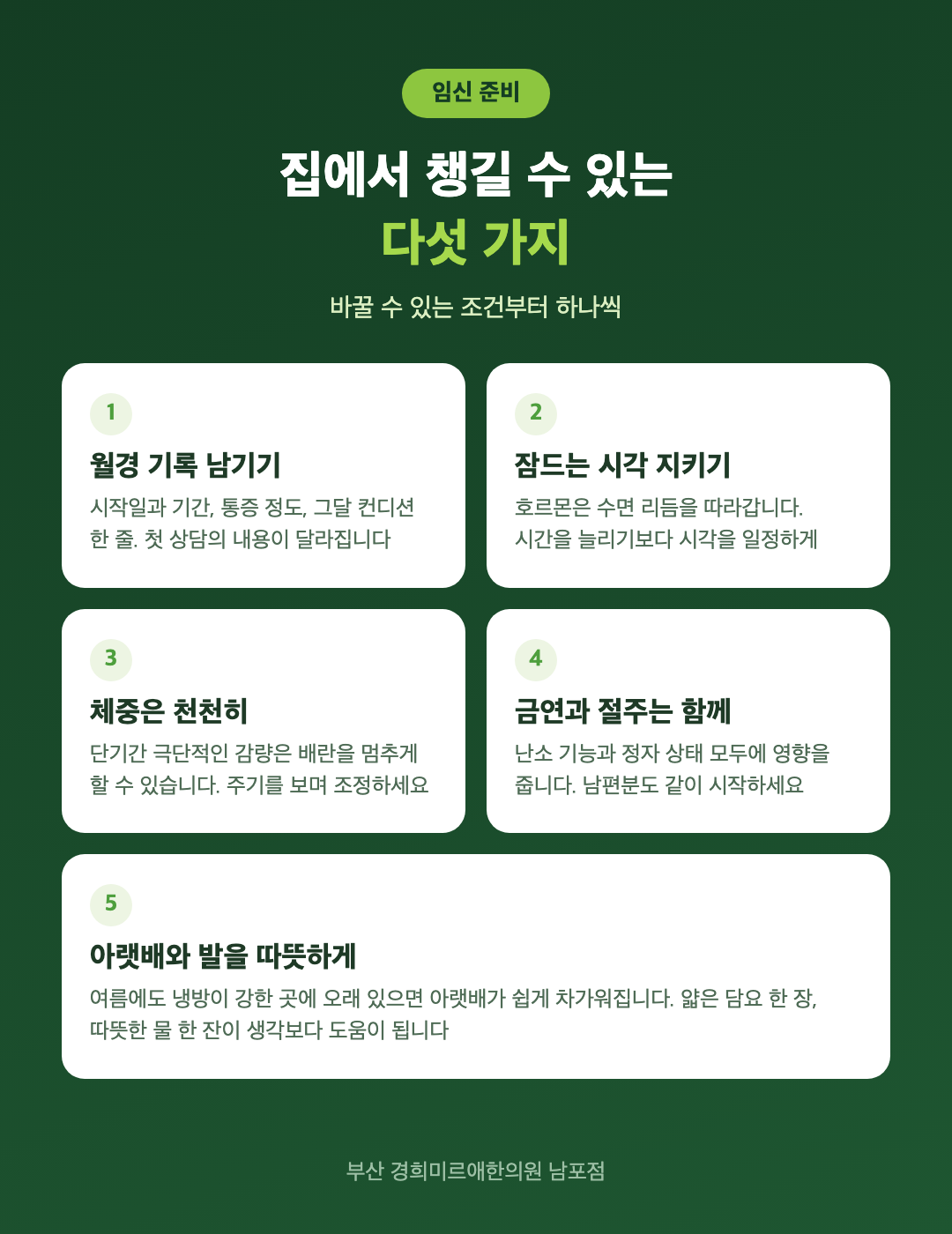 임신을 준비하며 집에서 챙기는 다섯 가지 — 월경 기록, 수면, 체중, 금연과 절주, 부부 함께 인포그래픽