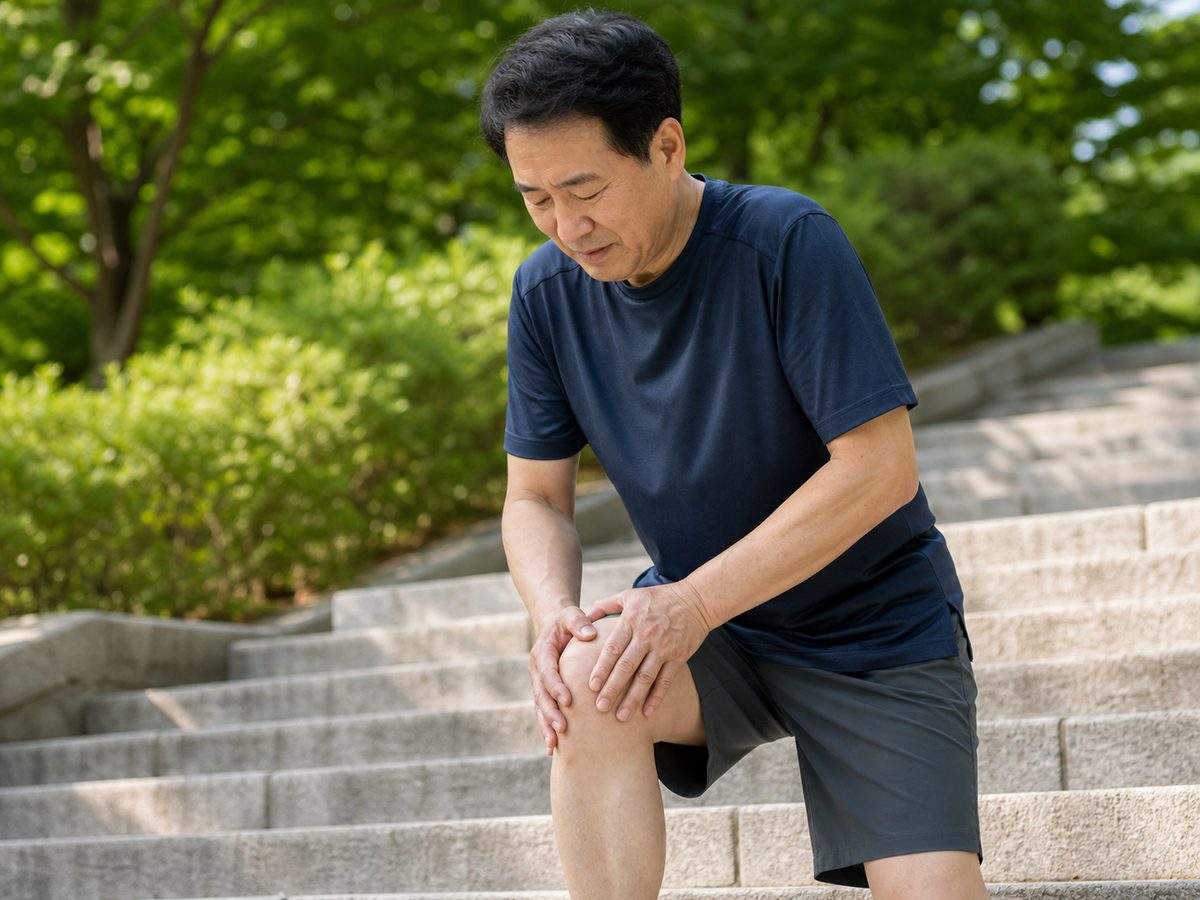 여름 야외 계단에서 무릎을 짚은 중년 남성 — 부산 경희미르애한의원 여름철 무릎 통증 이야기