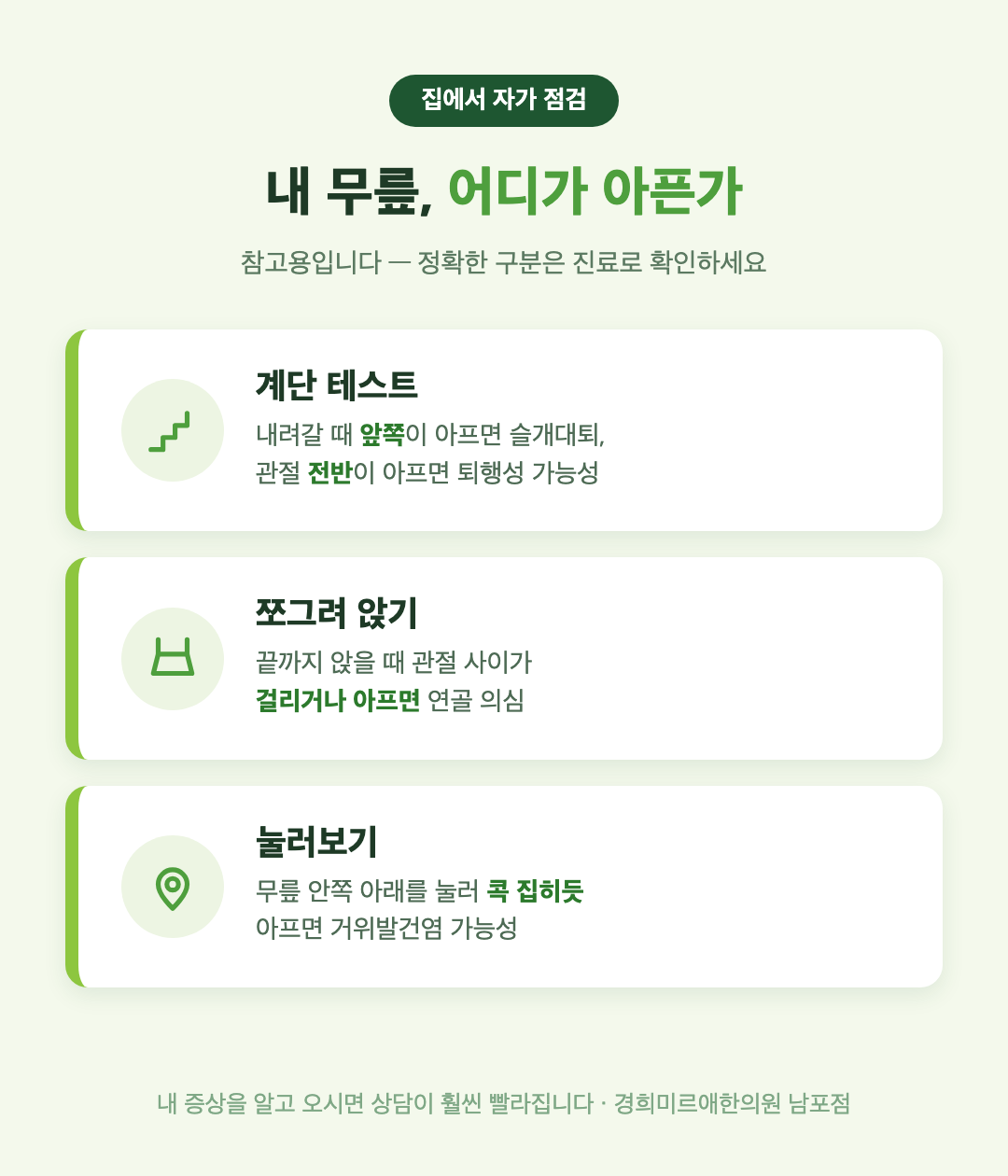 집에서 하는 무릎 통증 자가 점검 — 계단 테스트·쪼그려 앉기·눌러보기, 부산 경희미르애한의원
