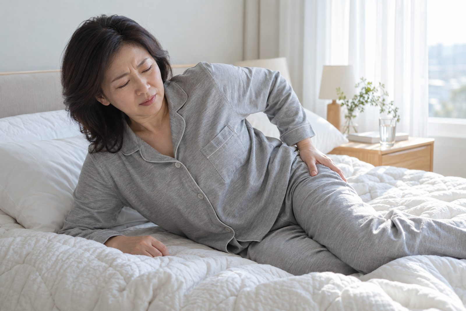 아침 침대에서 옆으로 누웠다가 팔꿈치로 몸을 일으키며 엉덩이 옆을 짚는 50대 여성 - 경희미르애한의원 남포점 대전자 통증