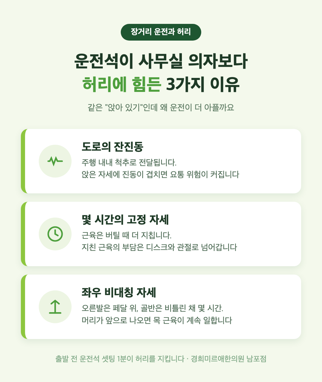 장거리 운전이 허리와 목에 부담을 주는 3가지 이유 - 진동, 고정 자세, 페달 자세