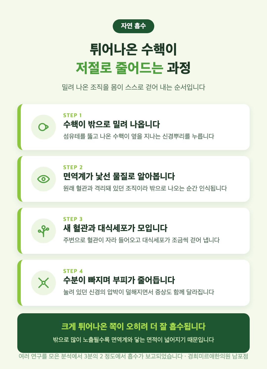 허리디스크 자연 흡수 4단계 과정 인포그래픽 — 밀려 나온 수핵이 저절로 줄어드는 순서 (부산 경희미르애한의원 남포점)