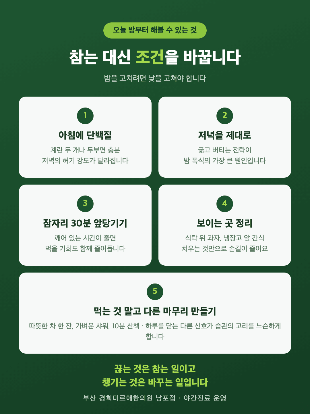 야식을 줄이는 다섯 가지 생활 관리 — 아침 단백질, 저녁 제대로 먹기, 잠자리 시간, 부엌 정리, 대체 습관
