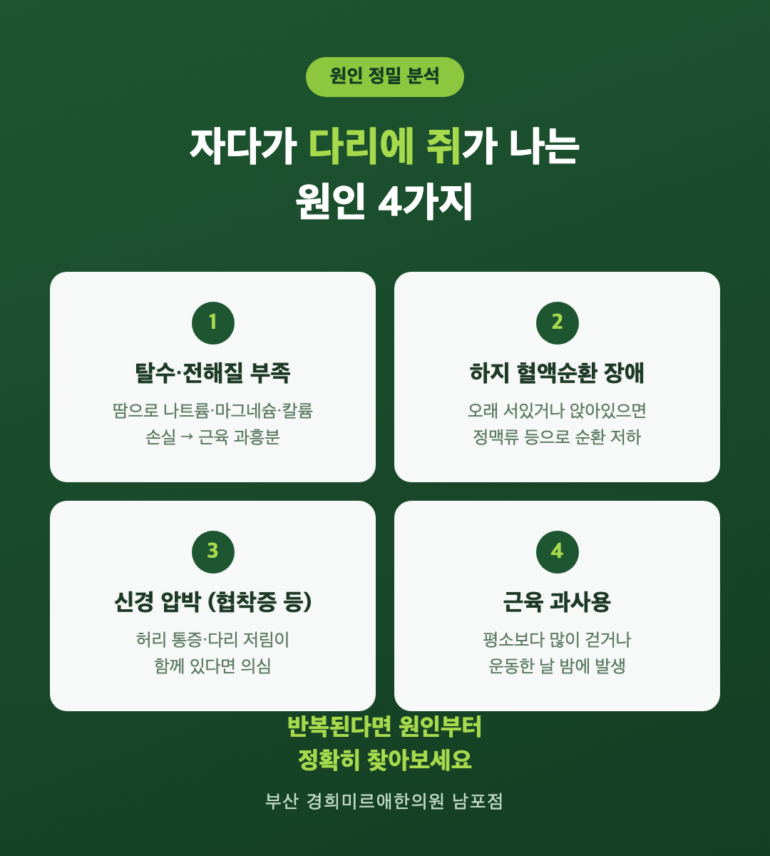 야간 다리 경련 원인 4가지 — 탈수·전해질 부족, 하지 혈액순환 장애, 신경 압박, 근육 과사용 (부산 경희미르애한의원)