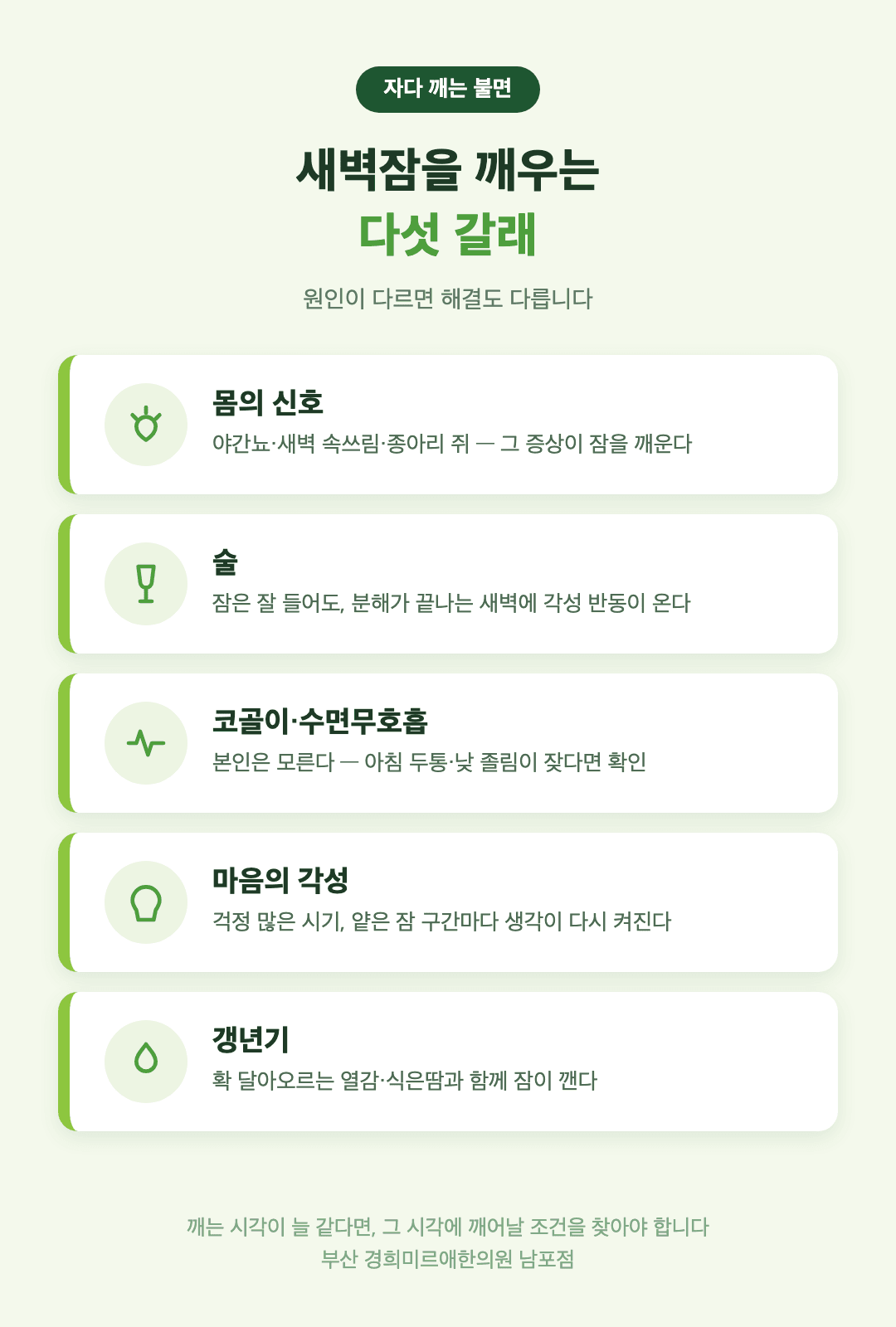 새벽에 깨는 원인 다섯 갈래 - 몸의 신호, 술, 코골이와 무호흡, 마음의 각성, 갱년기