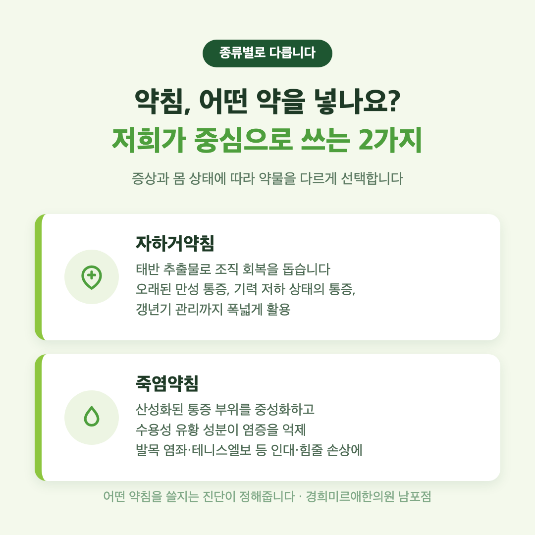 자하거약침 죽염약침 종류별 기전 인포그래픽 — 부산 경희미르애한의원