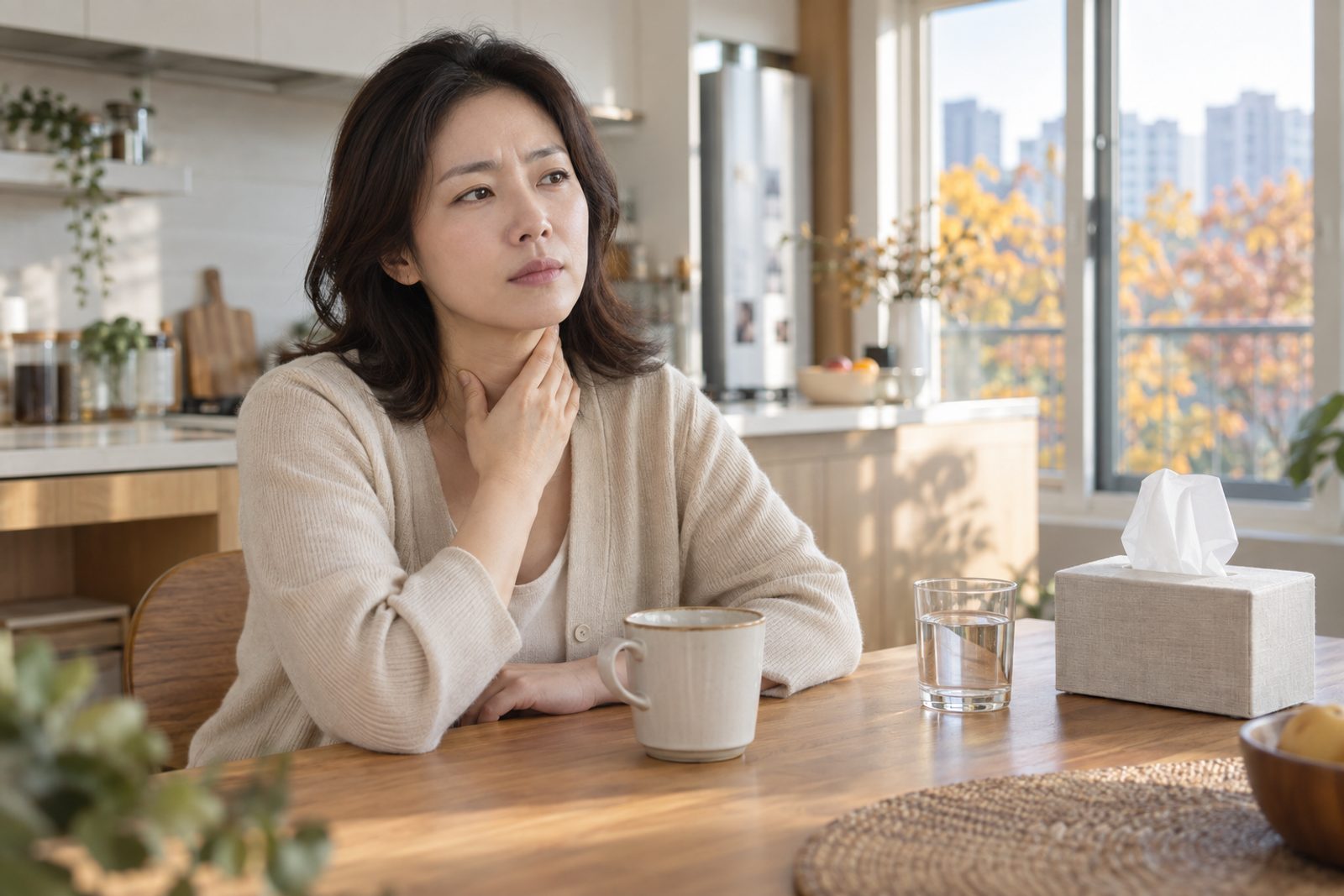 목 뒤로 콧물이 넘어가고 가래 낀 느낌에 헛기침이 잦다면 — 후비루, 비염·축농증·역류·매핵기 중 어디서 왔는지 이렇게 갈립니다