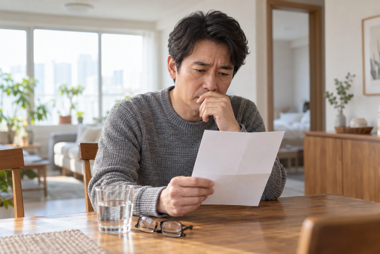 건강검진 결과지를 식탁에서 읽으며 걱정하는 40대 남성, 물 잔과 안경 - 경희미르애한의원 남포점 요단백·혈뇨·소변 거품