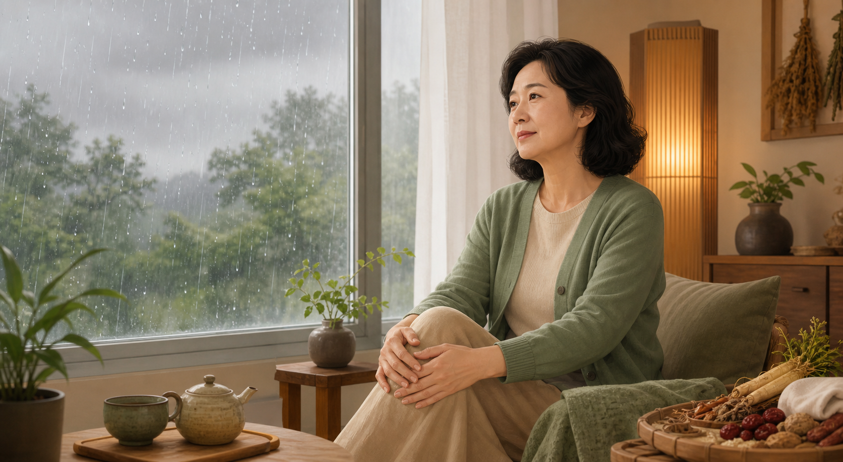 장마철 비 오는 날 창가에서 무릎을 짚고 있는 중년 여성 — 부산 경희미르애한의원 장마철 관절·허리 통증