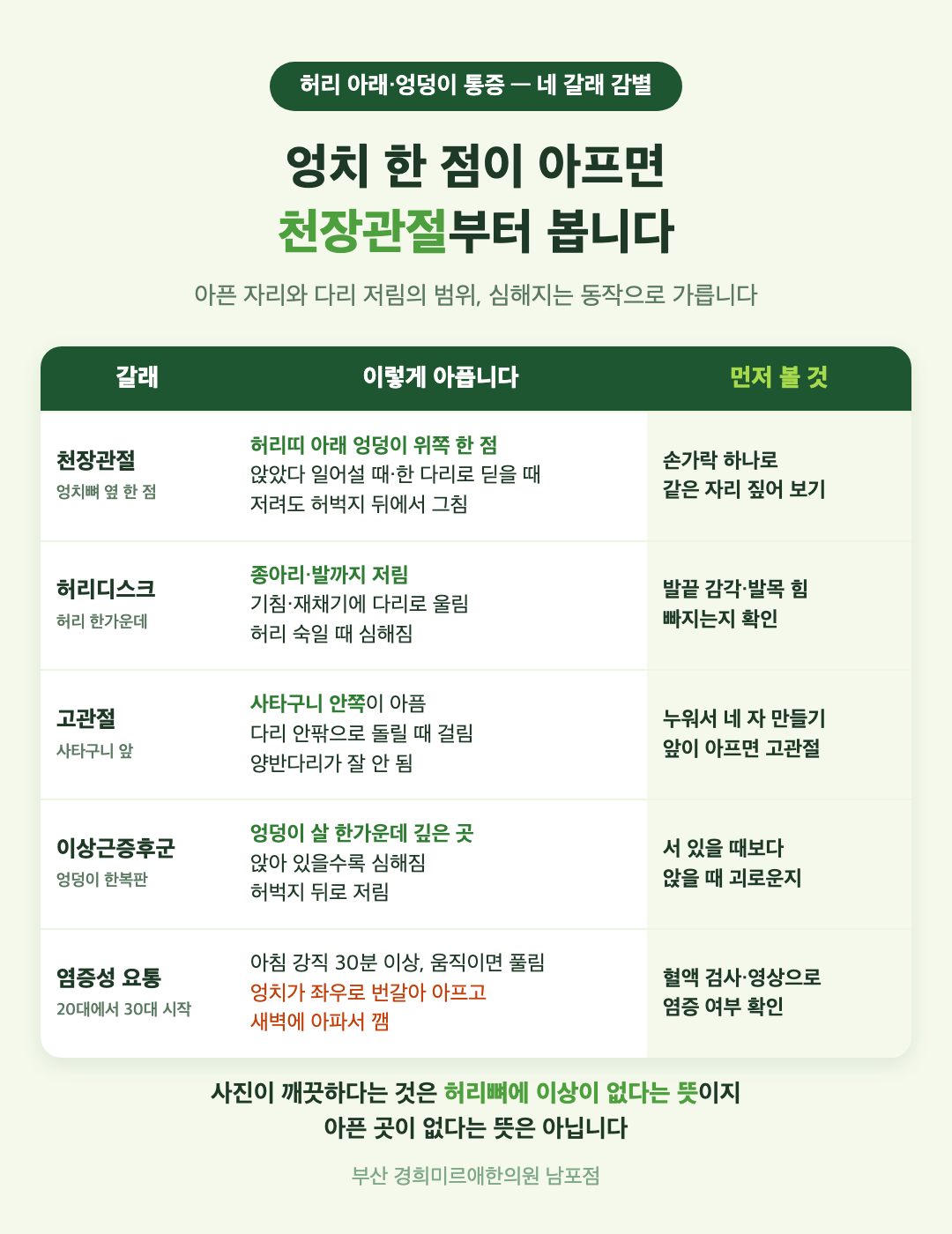천장관절 통증과 허리디스크·고관절·이상근증후군 감별표 - 아픈 자리, 심해지는 동작, 다리 저림, 먼저 볼 것 - 경희미르애한의원 남포점
