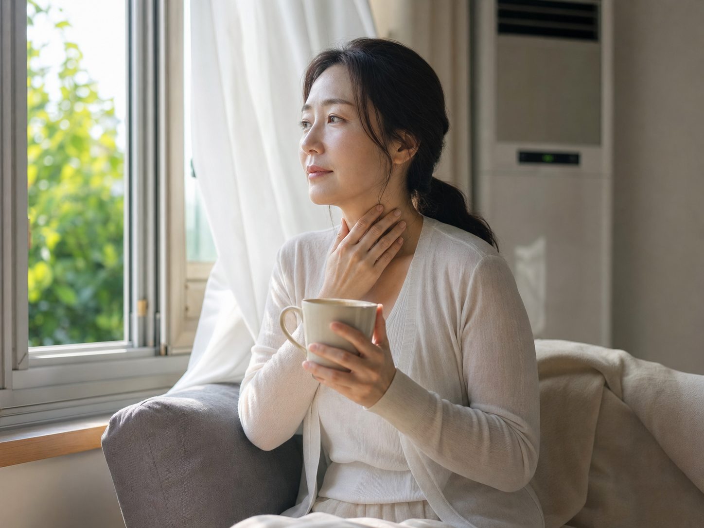 환절기 면역 저하로 감기와 비염을 걱정하는 여성 - 부산 경희미르애한의원 남포점