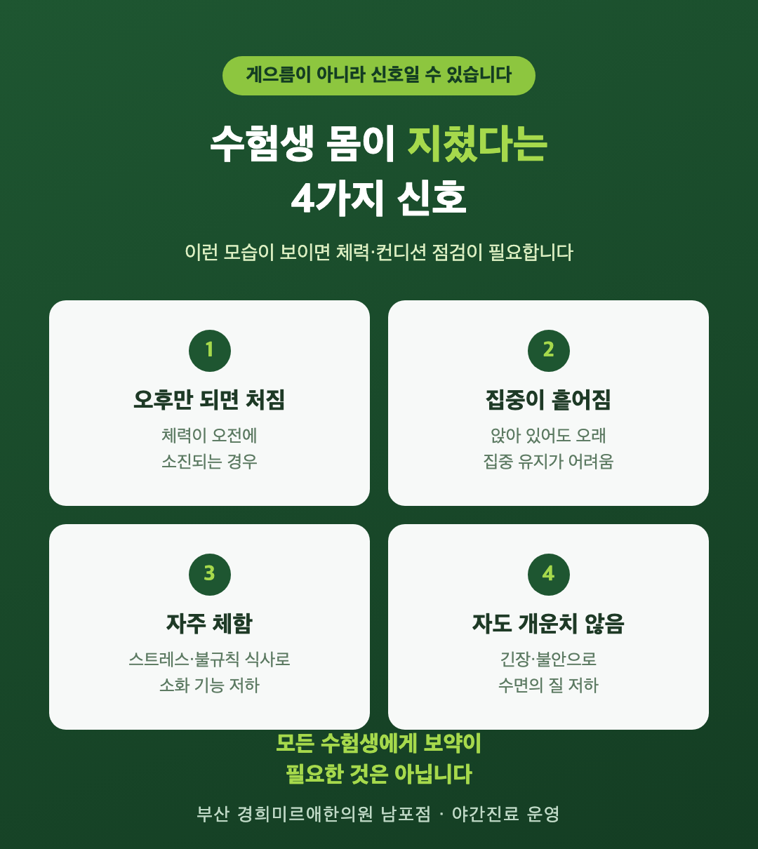 수험생 몸이 지쳤다는 4가지 신호 — 오후 처짐, 집중 흩어짐, 자주 체함, 자도 개운치 않음 (부산 경희미르애한의원)