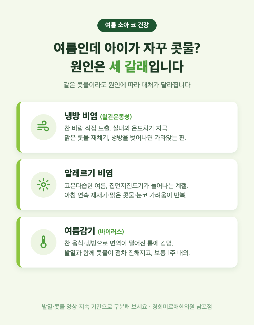 여름 아이 콧물 원인 세 갈래 감별 인포그래픽 — 부산 경희미르애한의원 소아 비염 여름감기