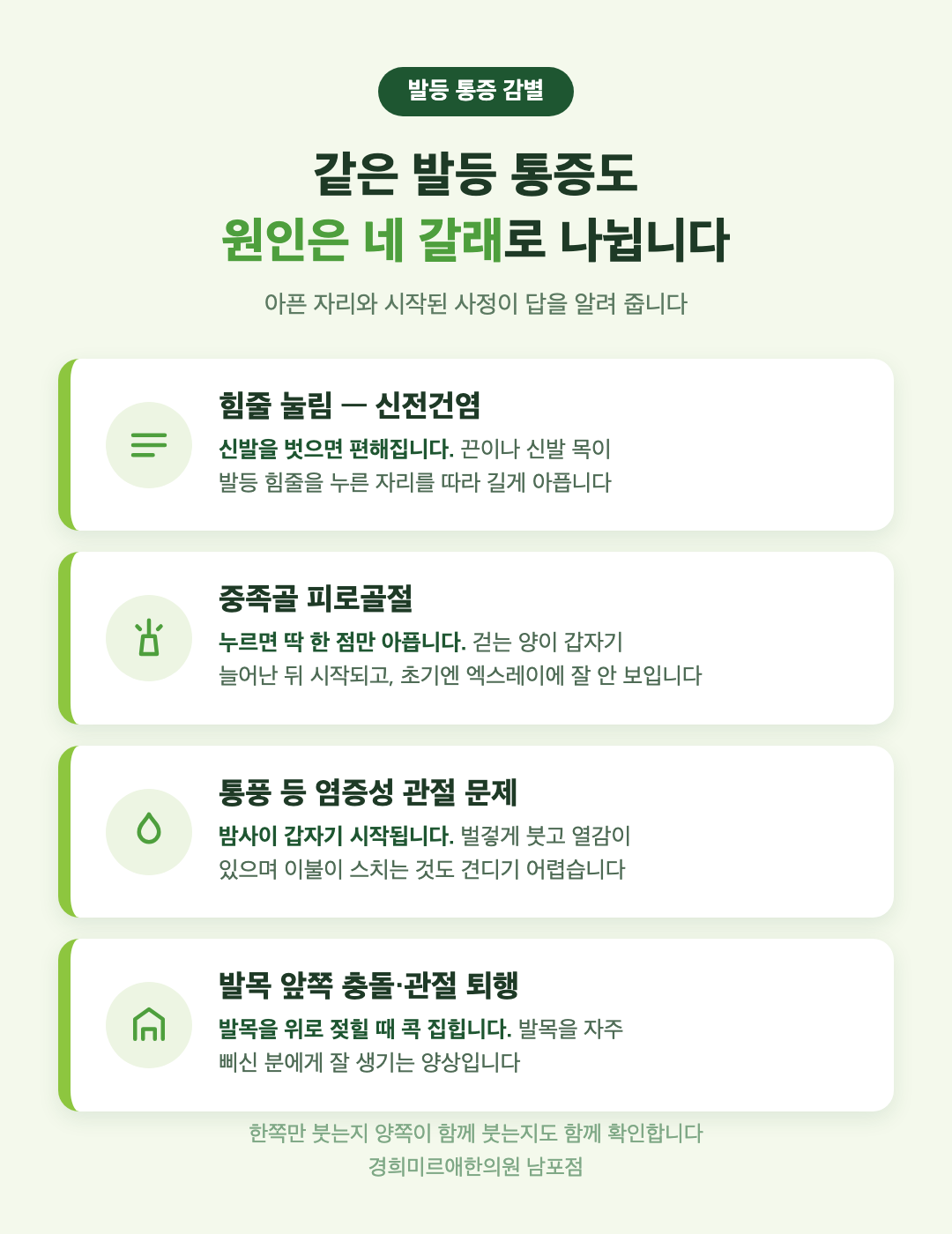 발등 통증 원인 네 가지 감별 - 신전건염, 중족골 피로골절, 통풍 등 염증성 관절 문제, 발목 앞쪽 충돌 - 경희미르애한의원 남포점