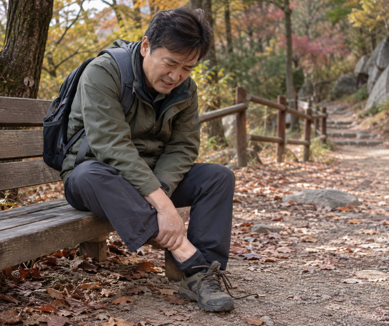 가을 산길 벤치에 앉아 등산화를 신은 발 부근을 손으로 짚고 있는 중년 남성 - 경희미르애한의원 남포점 발등 통증