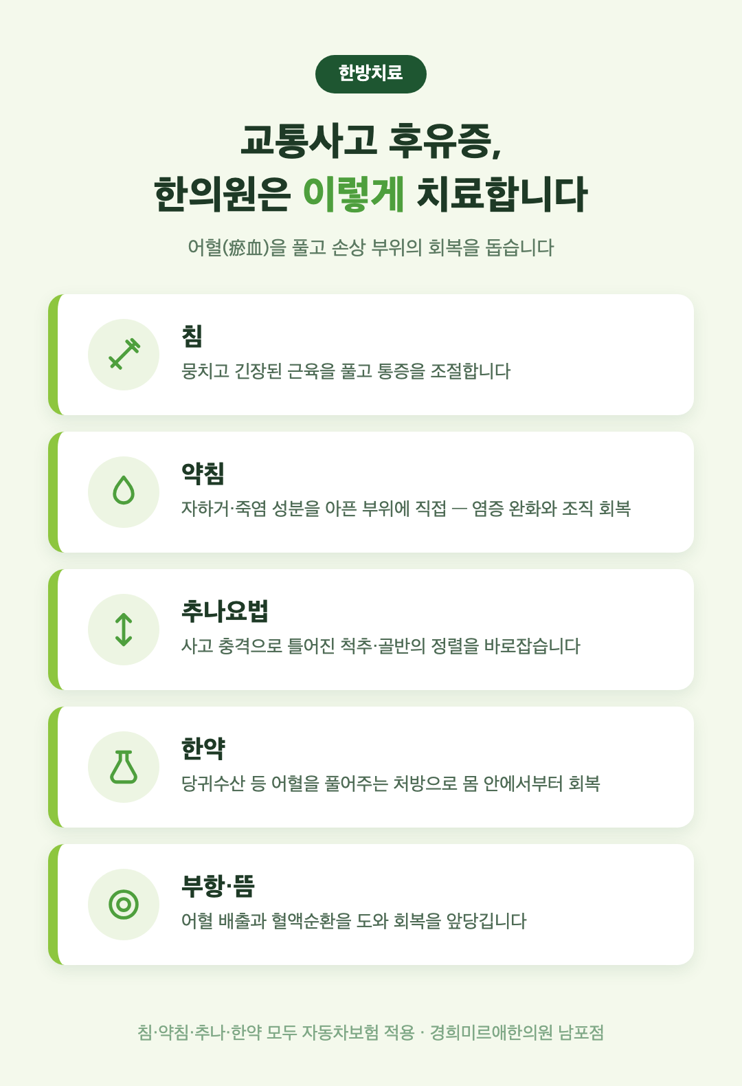 교통사고 후유증 한방치료 5가지 기전 — 침, 자하거·죽염 약침, 추나요법, 어혈 한약, 부항·뜸 (경희미르애한의원)