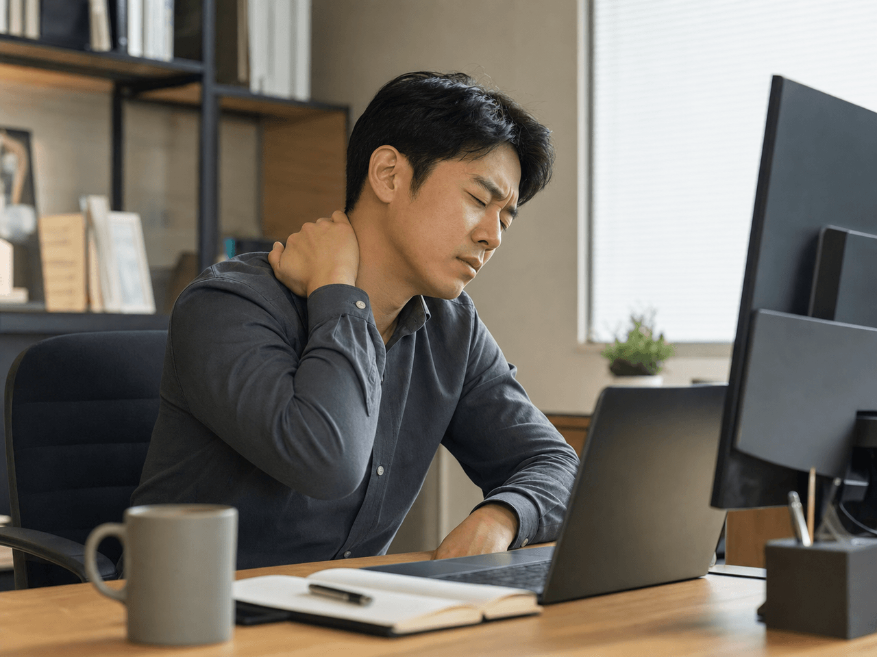 목이 뻐근한데 거북목 때문일까요? — 일자목이 부르는 두통과 어깨 통증